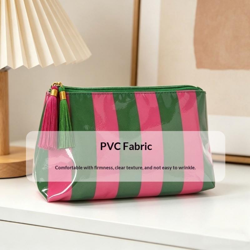 Pvc Striped Cosmetic Bag Makeup Bag With Fringe And Zipper Waterproof Travel Toiletry Bag Makeup Brush Case