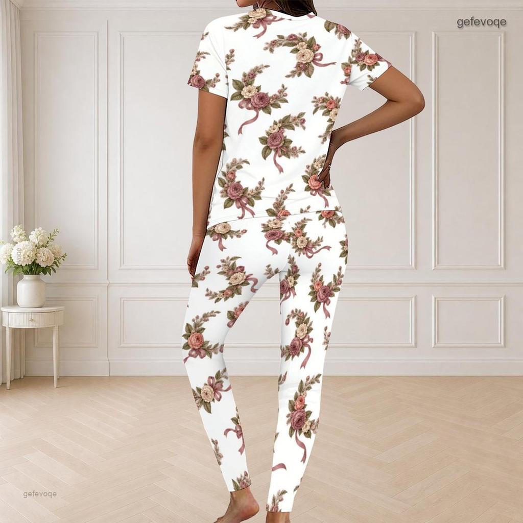Women Plus Size V Neck Short Sleeve Rose Floral Print White Pajama Loungewear Set