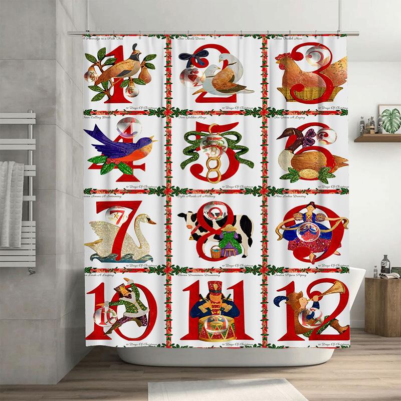 

Christmas Countdown Shower Curtain With Numbers 1-12, 12 Cute Animal Patterns For Kids Educational Bathroom Fun, Red White W60H190(CM)-1 Pcs