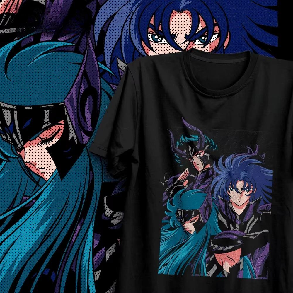 Saint Seiya Hades Saga Aquarius Gemini Black Cloth Panel Collage Anime Graphic Black TShirt Unisex Oversized Y2k Streetwear Tee