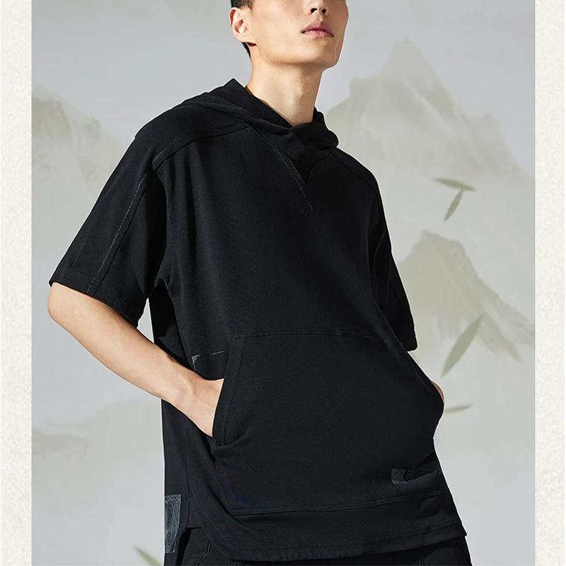 Li Ning X Jackie Chan Kollaboration Kung Fu Serie Einfarbiger Pullover Hoodie Kurzarm T-Shirt Herren T-Shirt Schwarz AWDSC37-1