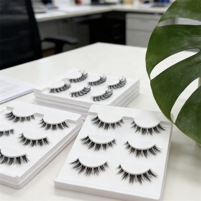 Factory Price Customized Natural Invisible Synthetic Eyelash Faux Mink Matte Flat Clear Band Lashes Handmade