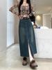 Women's High-Waist Retro Denim Midi Skirt with Slit - Spicy Girl Style