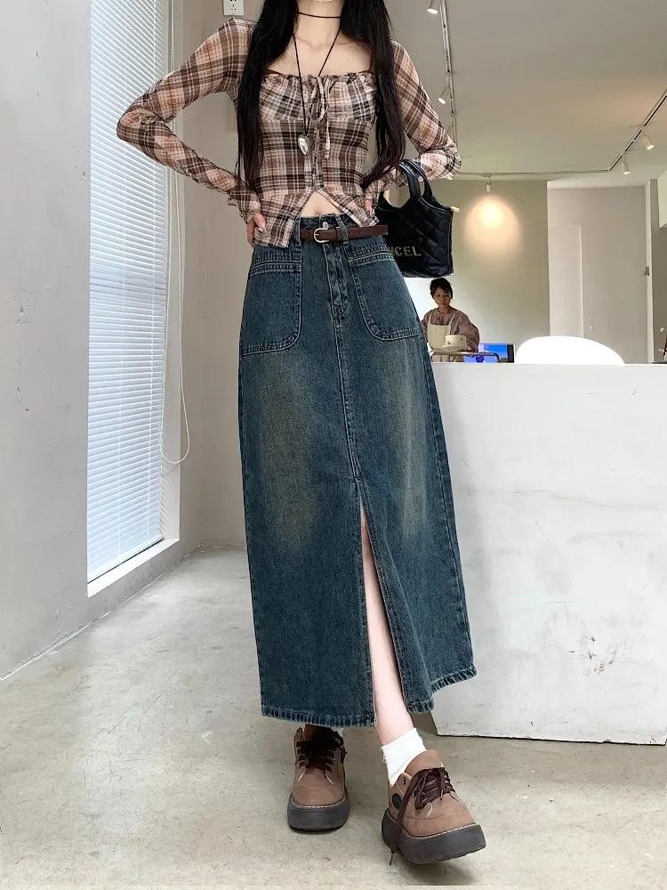 

Women s Autumn Retro High-Waist Distressed Denim Midi Skirt with Slit Small