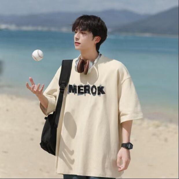 

Новая летняя футболка с короткими рукавами для мужчин, тренд в корейском стиле, простой топ с короткими рукавами, свободная повседневная брендовая футболка в гонконгском стиле 5XL абрикосовый