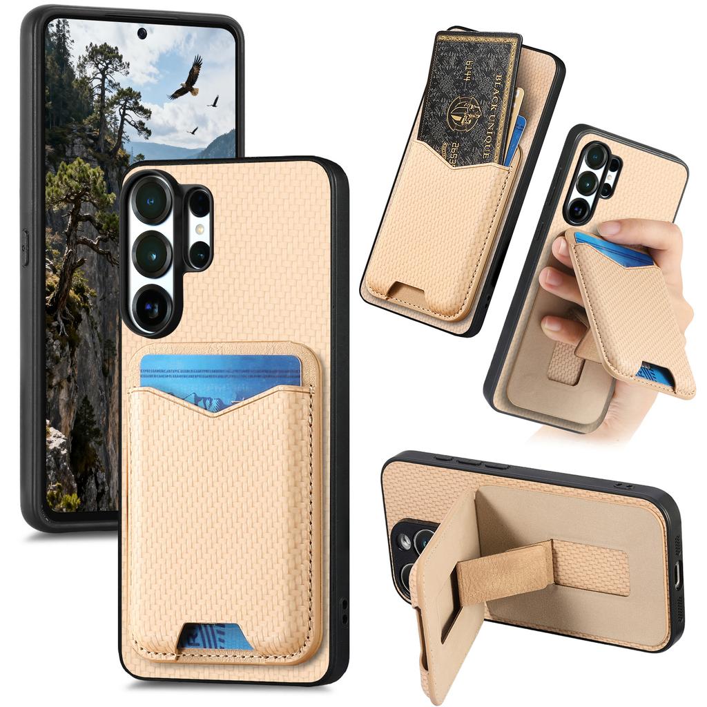 Business Magnetic Carbon Fibre Vertical Cards Solt Wallet Case For Samsung S25 Ultra S24 Plus S23 A17 A07 Kickstand Cover