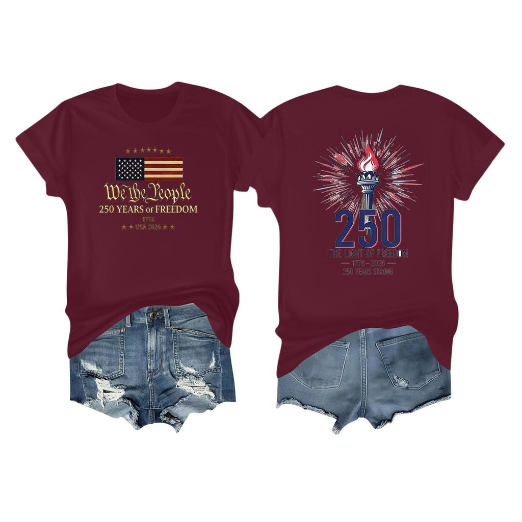 Women's Casual Independence Day 250 Anniversary Printed T-shirt Round Neck Pullover Short Sleeve Top