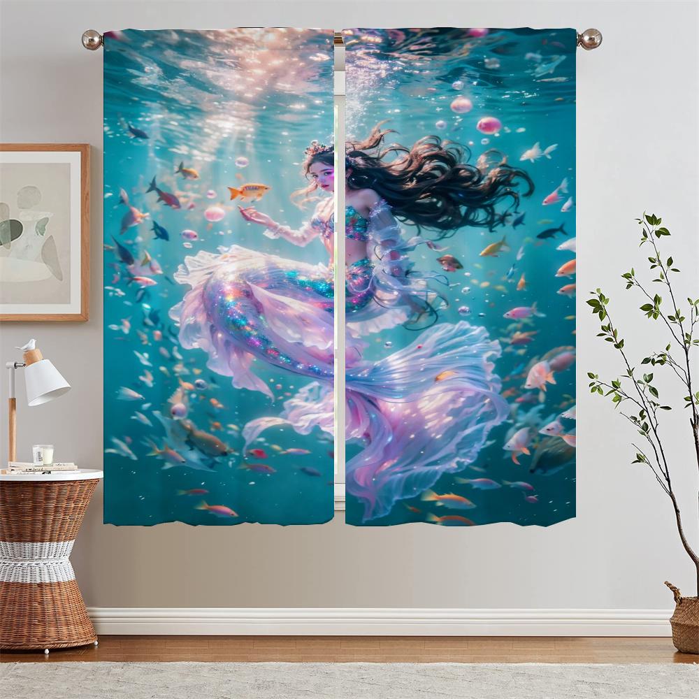 

Шторы для кухни с изображением морской русалки, 2 шт., оконные шторы для дома, современное украшение для дома, затемненный тюль для гостиной, завитки W50xH70cmx2pcs-CL