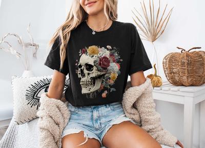 Floral Skull Tee, Goth Style, Day of the Dead T-Shirt