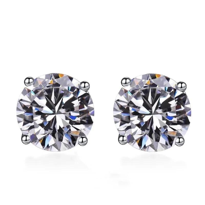 Fin Jewel GRA VVs1Moissanite Earrings 0.8CT/1Ct/2Ct Round Bright Cut 925 Sterling Silver VVs1Moissanite Stud Earring for Woman