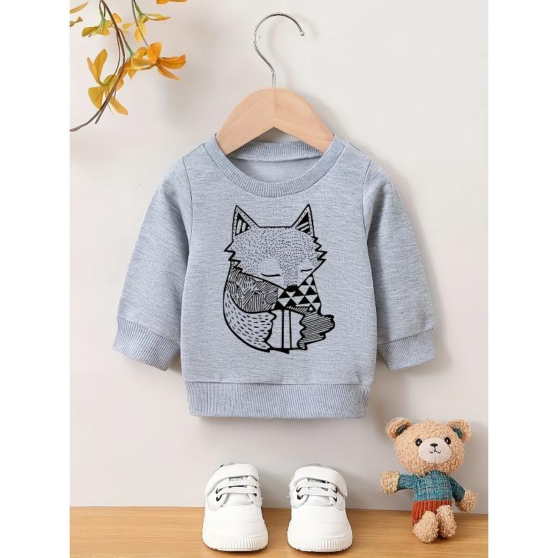 European Sizes One-piece Baby Kid Crewneck Sweatshirt Cute Fox Animal Print Casual Sports Top Suitable For Autumn And Winter