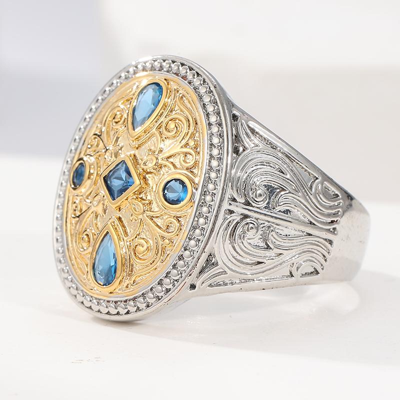 Ethnic Two Color Inlaid Blue CZ Women's Ring Vintage Hand Carving Geometry Daily Wear Party Jewelry Anniversary Gift