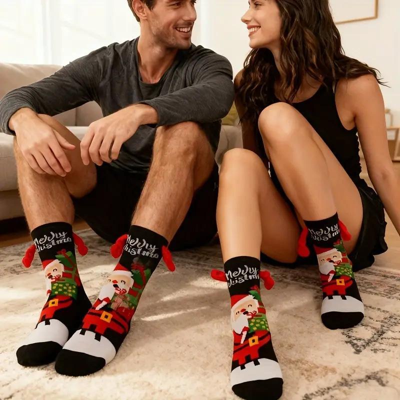 Creative Christmas Magnetic Couple Socks Funny Hand In Hand Design Stockings Red Cotton Mid-Calf Unisex Japanese Style Cute Sock