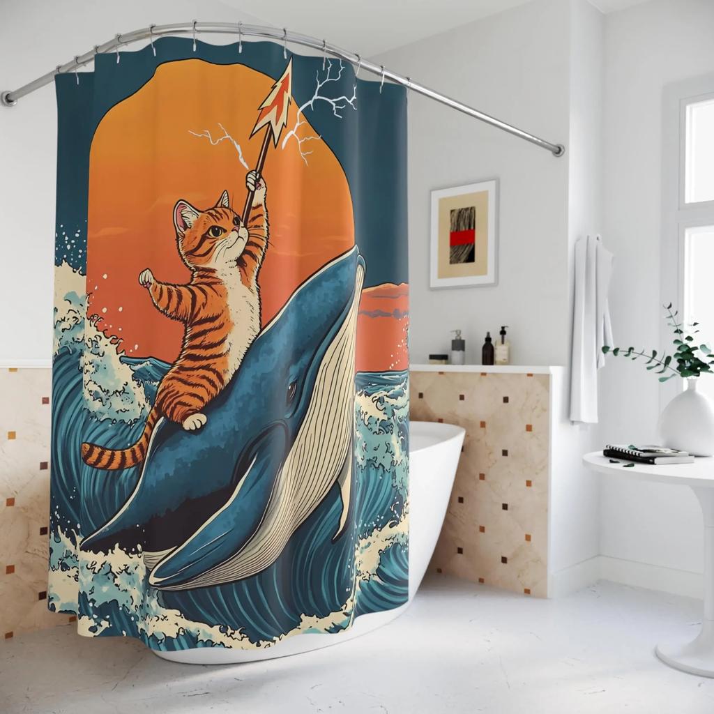 Cat and Shark Shower Curtain  Epic Ocean Wave Design Unique Waterproof Bathroom Decor Funny Animal Theme Blue Orange