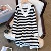 Striped V-neck Knitted Long Sweater Dress Women's Spring Autumn Loose Plus Size Elegant Casual Mid Knitted Dresses