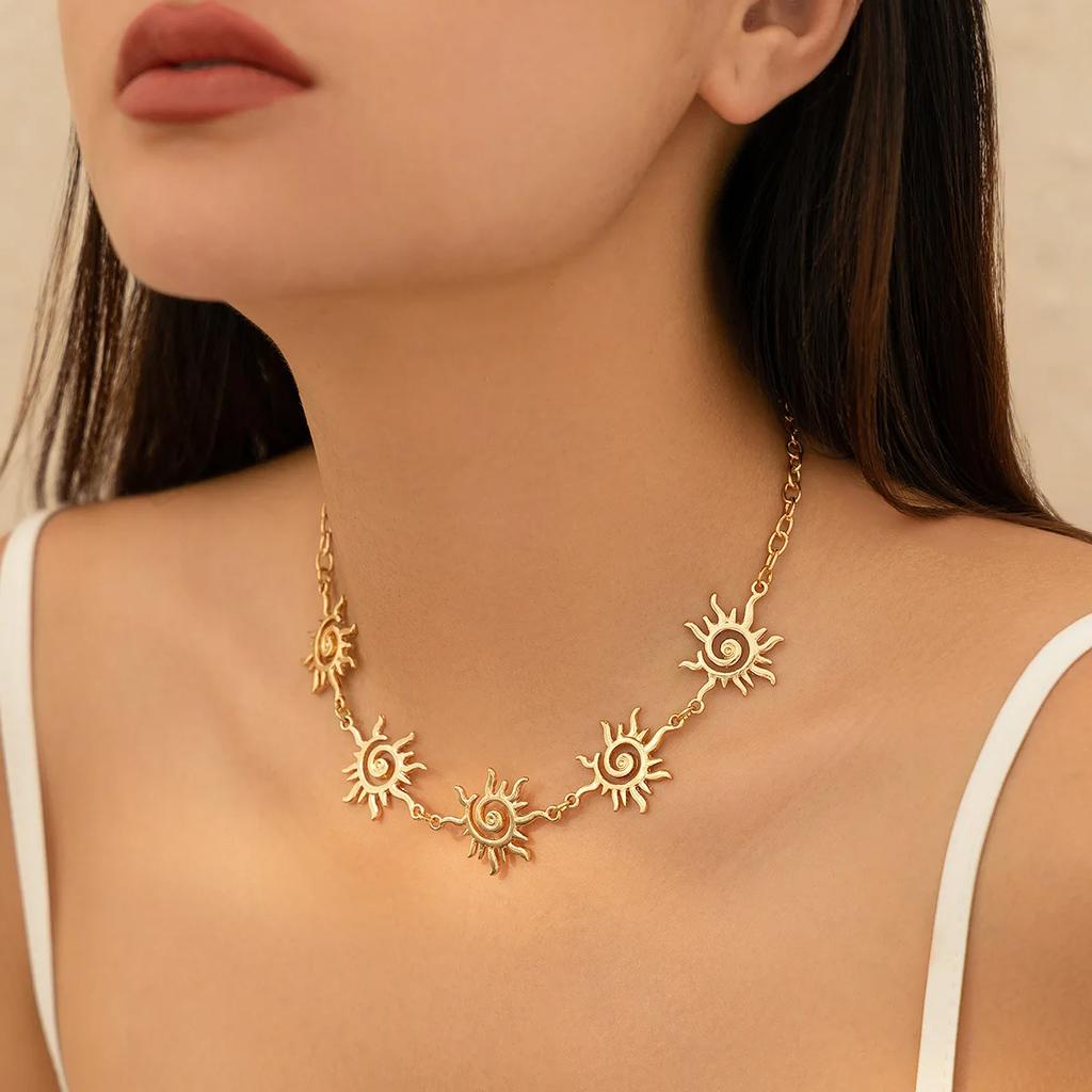 Threaded Totem Ins Style Single Layer Necklace Stainless Steel Jewelry Simple Ethnic Metal Sun Chain the Neck Choker Necklaces