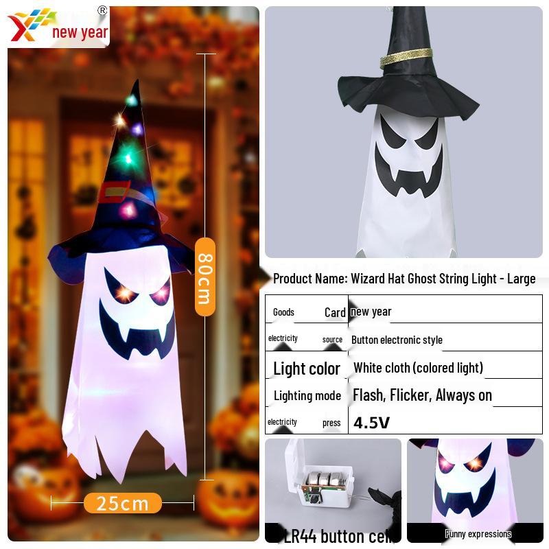 Glowing Halloween LED Wizard Hat and Ghost String Lights for Spooky Decoration