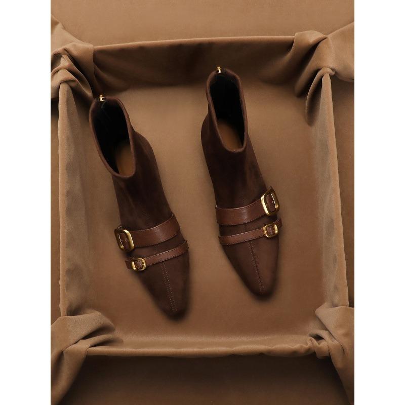 Sheepskin Version Retro Belt Buckle Thin Short Boots Women's Rear Zipper Elastic Boots Wedge Heel Thin Boots Square Martin Boots