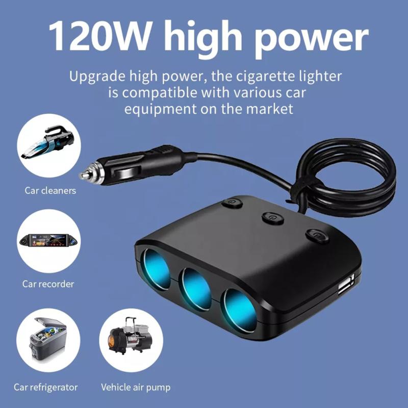 12-24v 120w High-Power Car Charger Dual Usb 3 Hole Independent Switch 1-to-3 Cigarette Lighter