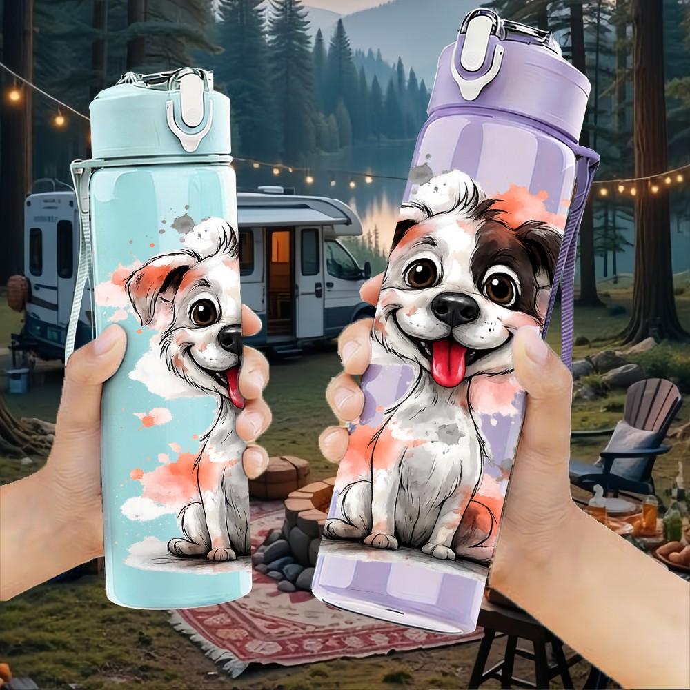 1PC Spot Puppy Dog Watercolor Portrait Print 750ml Color Plastic Sports Water Bottle Leakproof Flip Straw Lid Suitable for Sports Office Home Use