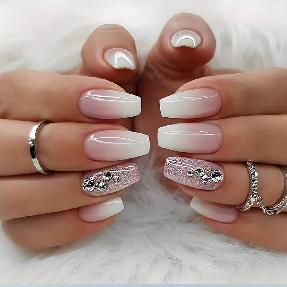 24pcs French Style Shiny White Pink Gradient with Rhinestones, Removable Fake Nails, Medium Size Square Wearable Nail Jelly Glue