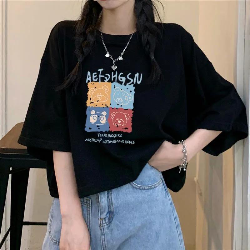 Summer Cotton Fashion Short Sleeved T-shirt Women's Black Lazy Style Small Loose Short Top