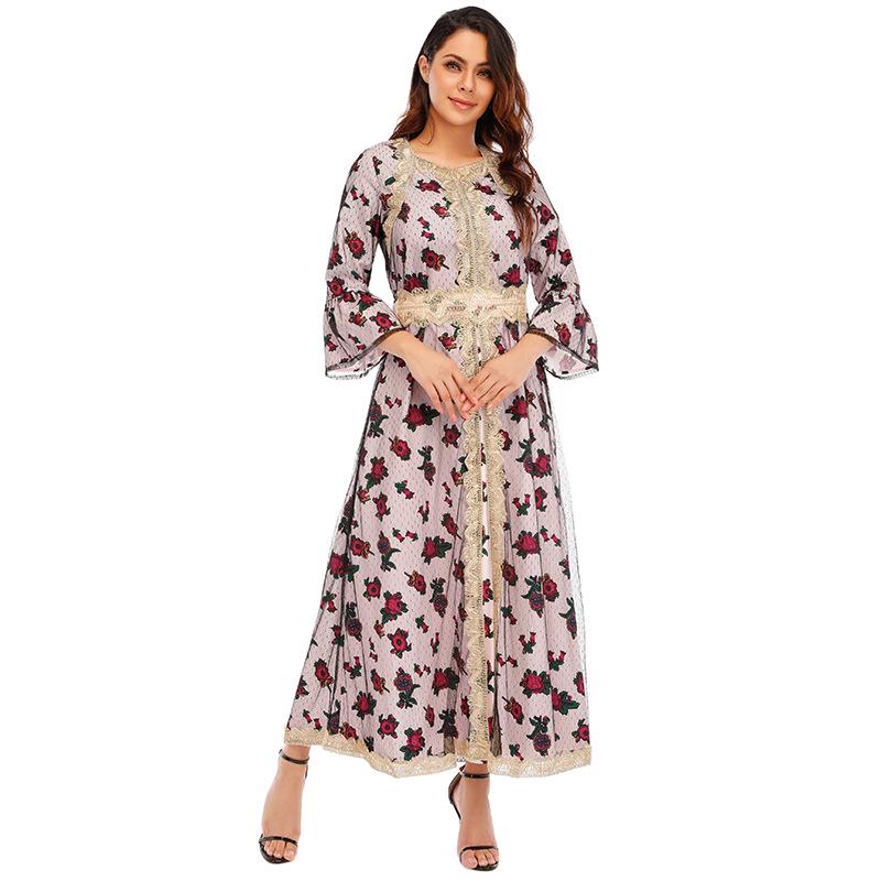 Yiduo Duo European-American Ethnic Print Embroidery Lace Mesh Muslim Dress 21275