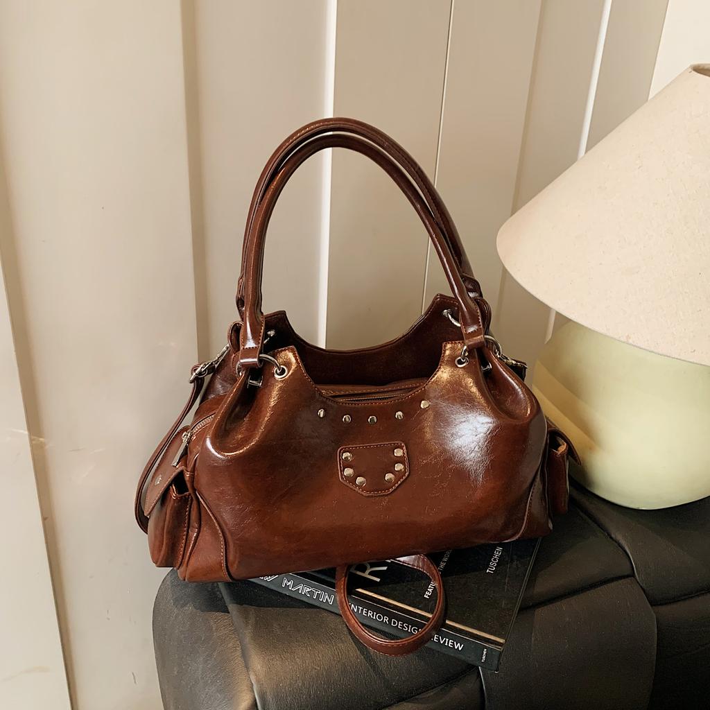 Faux Leather Hobo Bag Women Fashion Shoulder Bag With Stud Detail Soft Texture Handbag Everyday Use