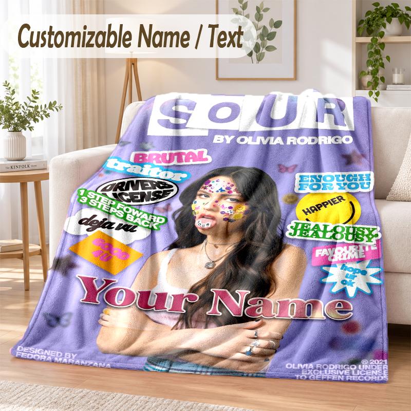 Olivia Rodrigo Custom Name Flannel Throw Blanket Soft Warm for Sofa Bed Indoor Home Use