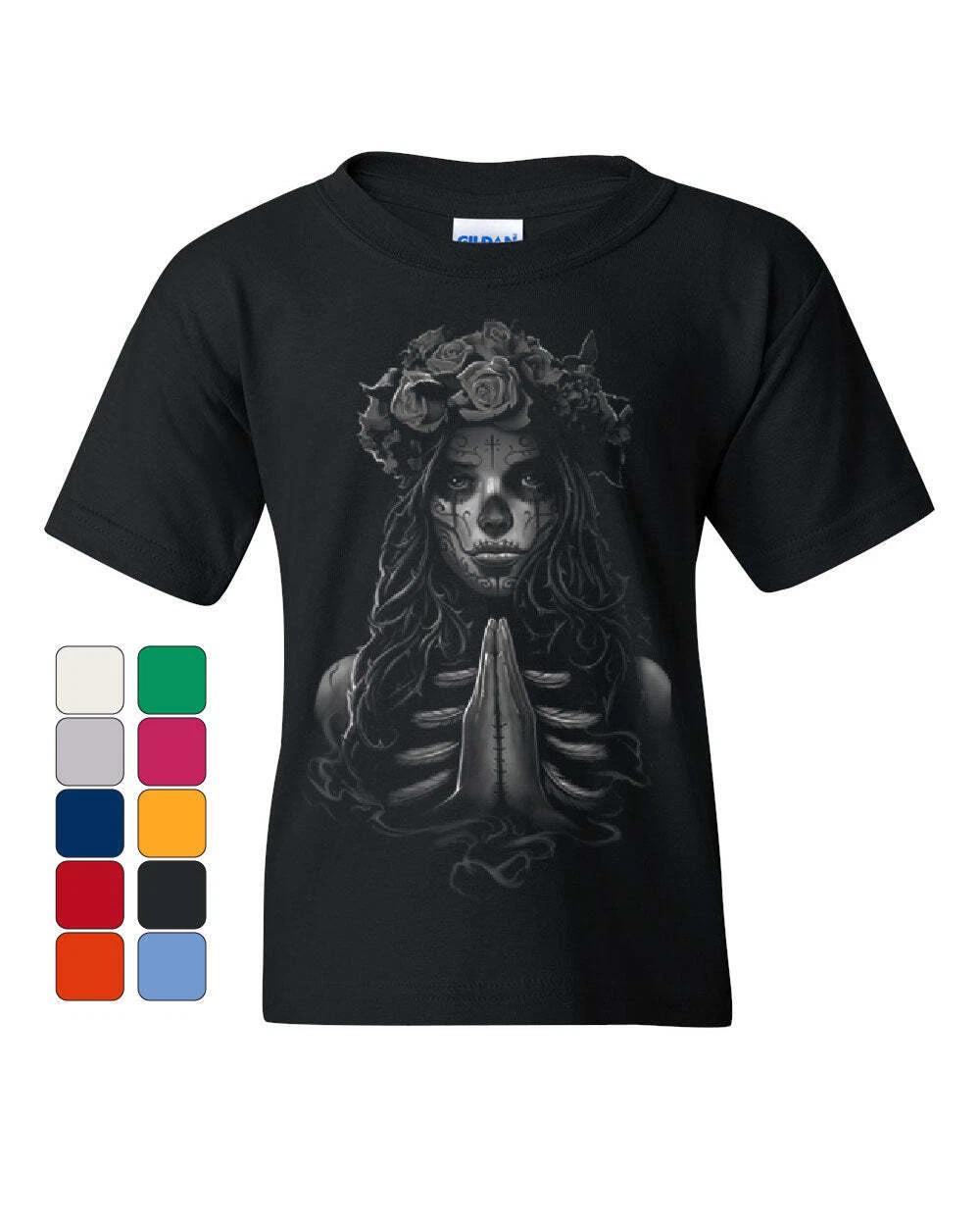 Pray Girl Youth kids boys T-Shirt Calavera Day of the Dead Dia de los Muertos Kids Tee 100
