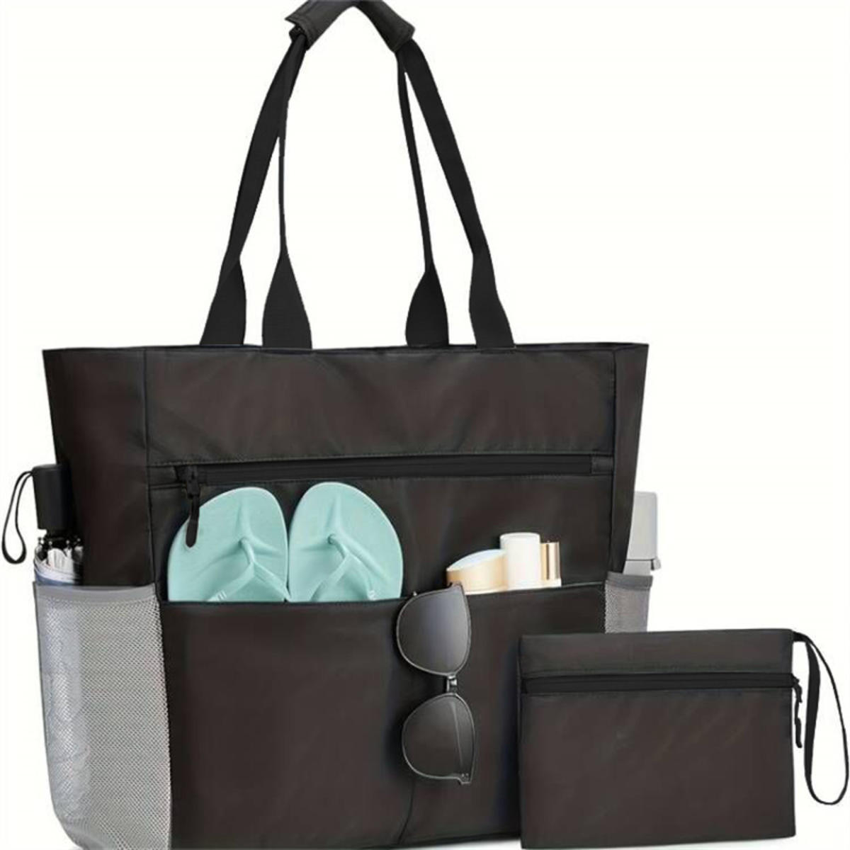 

Летняя пляжная сумка-тоут складная большой вместимости сумки для хранения плавательных принадлежностей легкая портативная дорожная сумка-мешочек для отдыха на открытом воздухе L чёрный