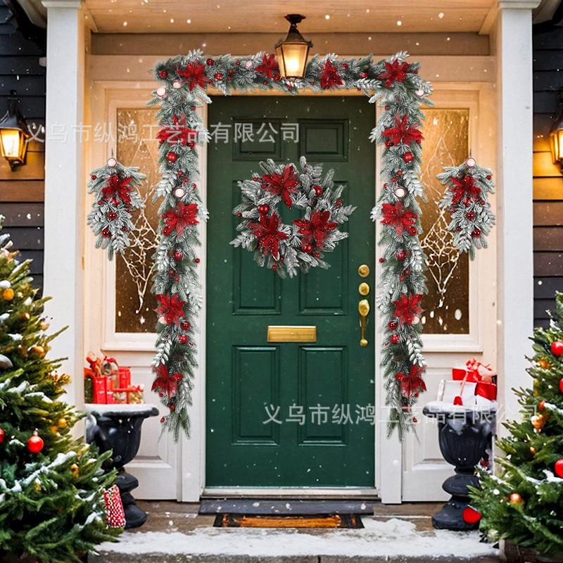 Christmas Wreath Velvet Red Flower Decor Set Holiday Home Hanging Decoration