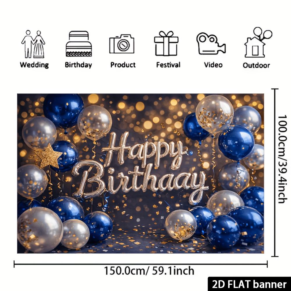 2D plane 1 birthday party blue silver gold balloons theme warm light background and gold foil stars