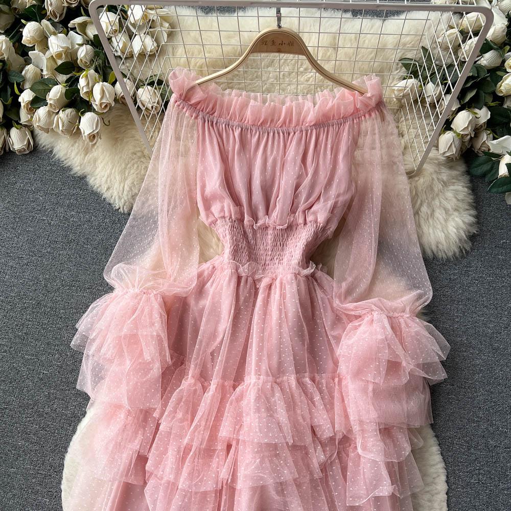 French Fashion Mesh Party Long Dress Women Ruffle Long Sleeve Slash Neck Elastic Waist Ladies Summer Elegant A Line Dresses