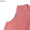 ZANZEA Women Casual Round Neck Loose Summer Grid Print Sleeveless Dress