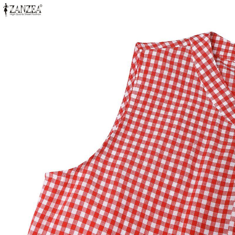 ZANZEA Women Casual Round Neck Loose Summer Grid Print Sleeveless Dress