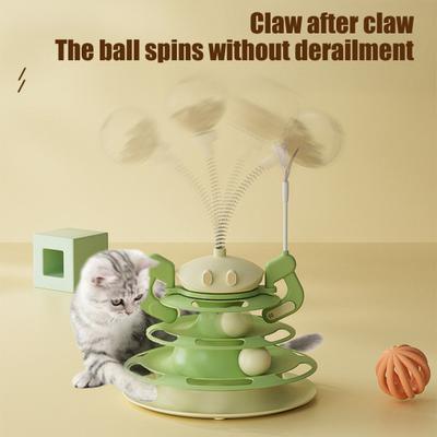 Drehteller Katzenspielzeug 3-stöckige Rollbahn Katzenturm Spielzeug mit Feder und Bällen Interaktiver Katzen-Puzzle-Futterautomat für Wohnungskatzen