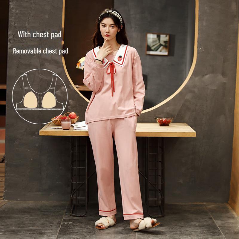 Women's Pure Cotton Long-Sleeve Pajama Set with Chest Pads - Large Size, Spring/Autumn 2025