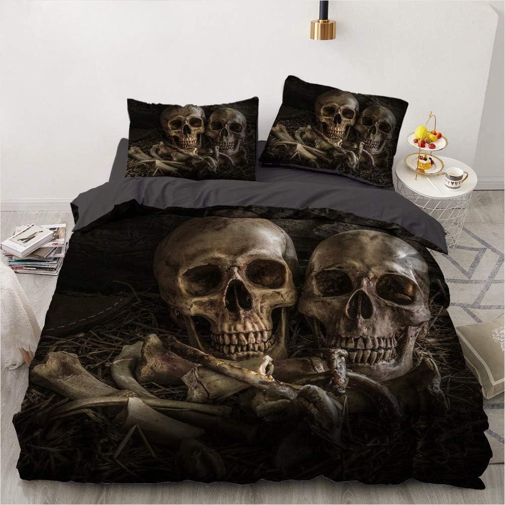 3D printed Gothic skull rose microfiber duvet cover soft and comfortable 3-piece bedding set with zipper and 2 pillowcases