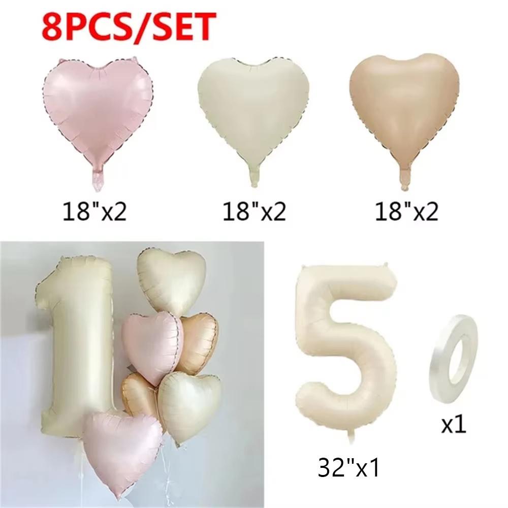 8pcs Cream Color Number Heart Foil Balloons Happy Birthday Party Decorations Kids Girl Boy 1 2 3 4 5 6 7 8 9 Year Old Supplies