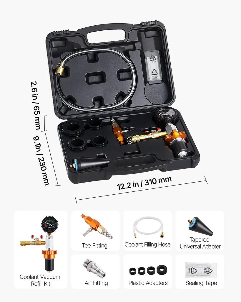 Radiator Vacuum Refill Kit, Automotives Cooling System Vacuum & Purge Fill Tool with Gauge, Portable Radiator Coolant Filling Kit with Toolbox,