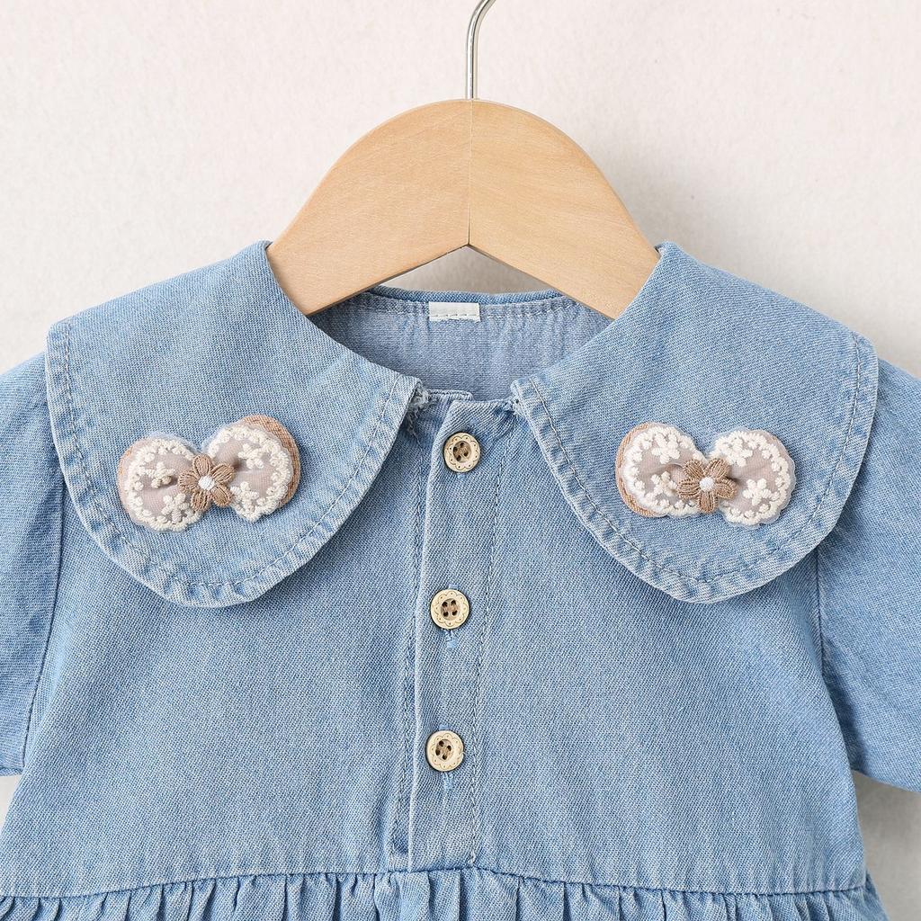 Summer Girls Denim Dress Sweet Bow Tie Collar Short Sleeve Princess Skirt For Kids Casual Cute Jean Dress