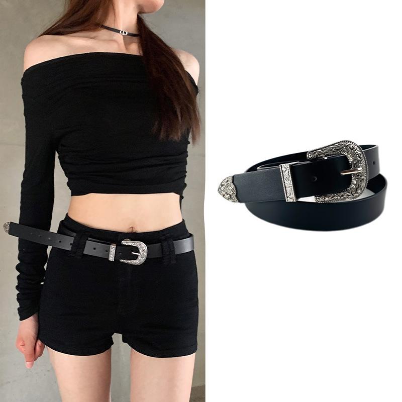 Women'S Belt Vintage Carved Needle Buckle Punk Hip Hop Rock Style Jeans Belt Y2K Belt Pu Leather Belt