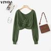 VONDA Women Casual Autumn V Neck Long Sleeve Twisted Cropped Sweaters Knitwear