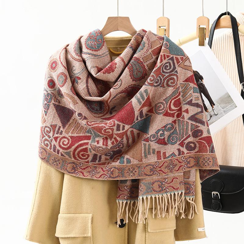 Jacquard Scarf Shawl with Decorative Imitation Cashmere Scarf for Women Winter High End New Style Thickened Ethnic Style Shawl