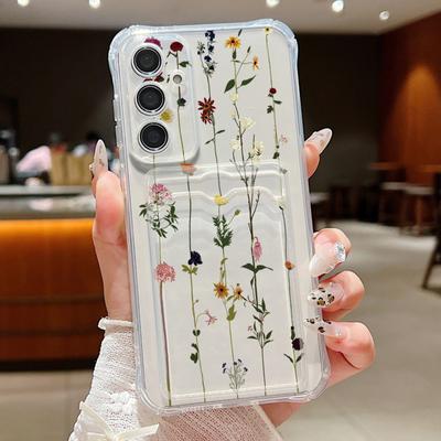 Transparant hoesje met bloemenprint en kaartsleuf voor Samsung S24 FE S23 Ultra S22 Plus A16 A55 A35 A54 A15 A34 Zacht siliconen schokbestendig slank transparant telefoonhoesje