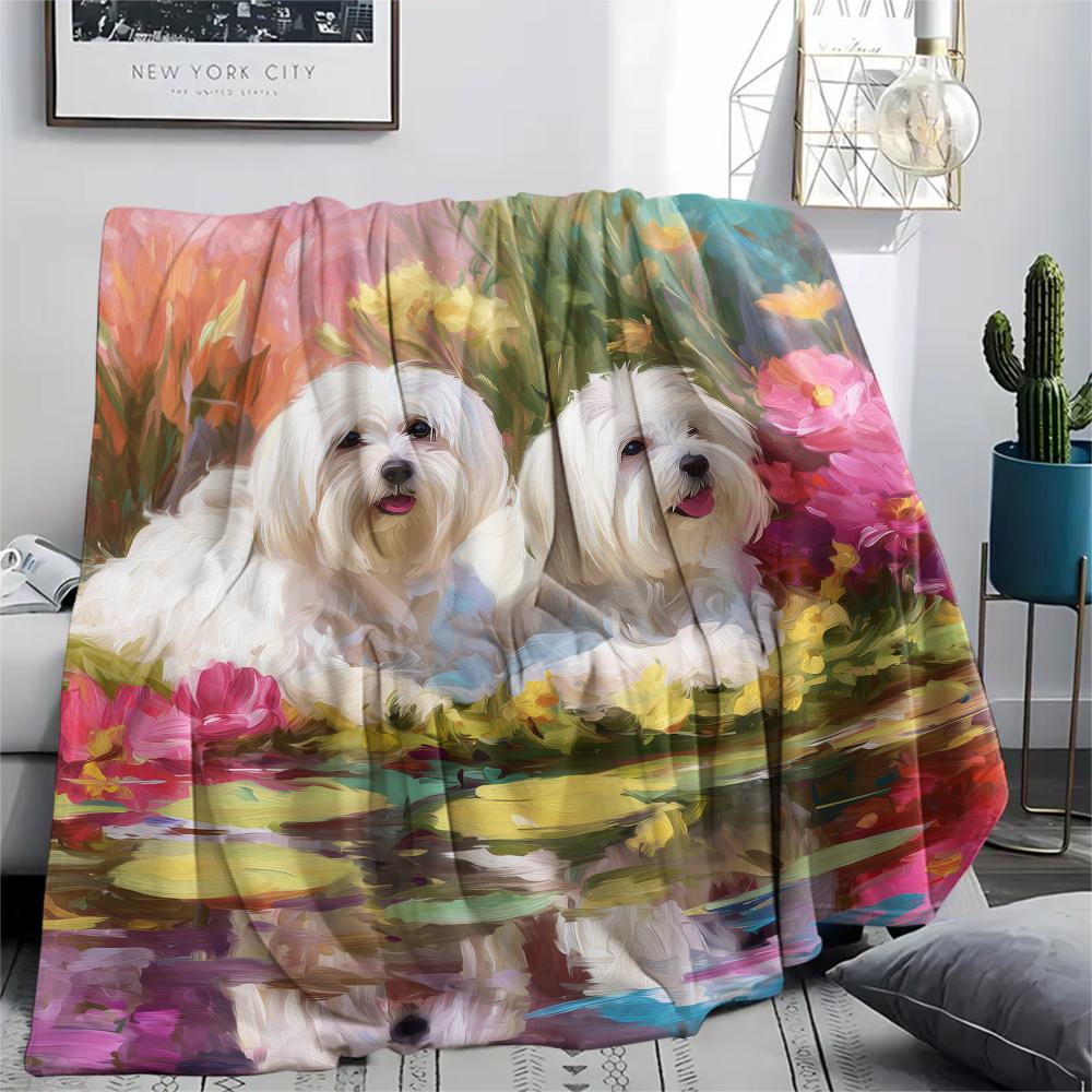 Maltese dog and flowers,pattern Flannel Blanket, High quality Comfortable for All Seasons, Home Decor, Warmth and Comfort, Perfect for Gifts.