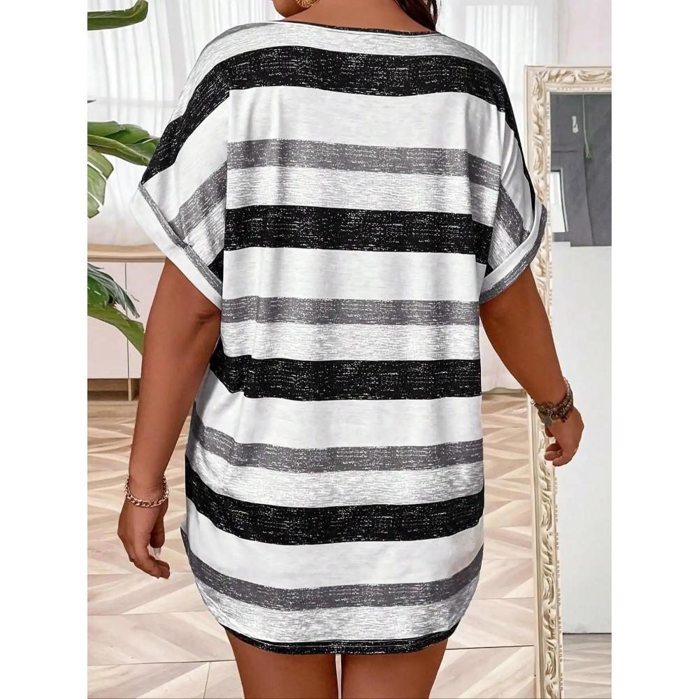 Plus Size 1XL-5XL Fashion  Women Summer Striped T-shirt Ladies Casual Printed Short Sleeved V-neck Knit Top T-shirt