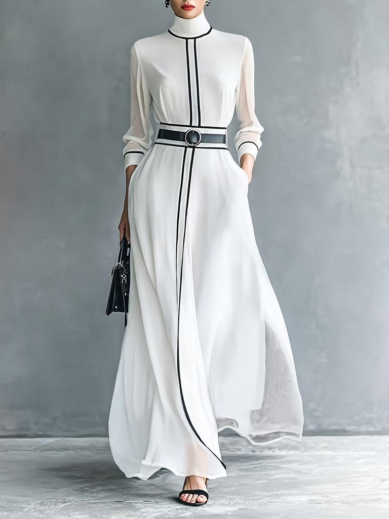 Amazon European and American winter French elegant wind contrasting color long-sleeved dress high-necked chiffon long belt long dress