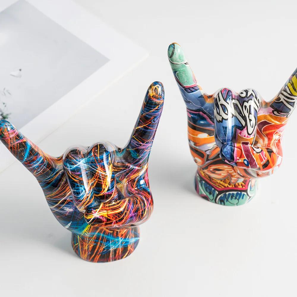 Graffiti Rock On Hand Statue 19cm Modern Pop Art Hand Painted Resin Sculpture Home Decor Gift